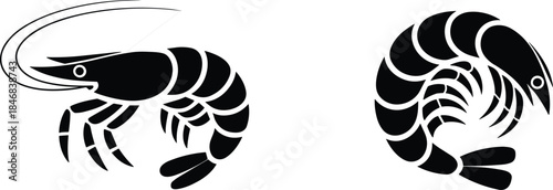 Shrimp silhouette illustration set, black prawn seafood icons in motion, minimal monochrome design for logo branding use