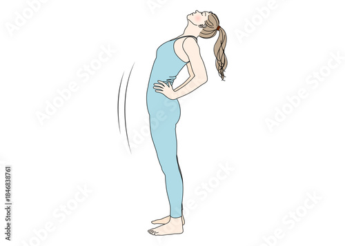 ストレッチ 腰に手を当て状態を反らして伸びをする女性のイラスト 全身横向き ブルー