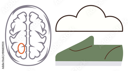 Brain illustration with highlighted region, abstract shoe, and cloud outline conveying ideas of cognitive focus, movement, or growth. Ideal for science, healthcare, tech, learning fitness