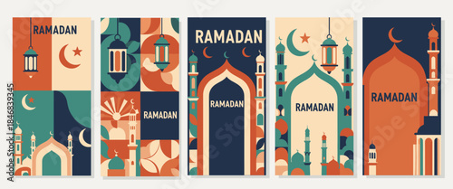Modern Ramadan Kareem Stories Set: Geometric Abstract Banners with Mosque Silhouettes, Lanterns, and Crescent Moon Icons.