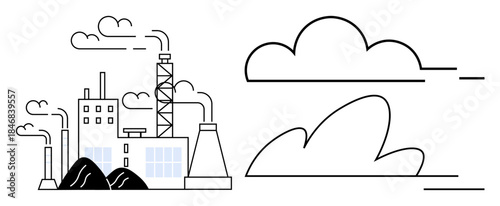 Environmental impact, industrialization, pollution control, climate change, sustainability, emissions. Factory with smoke and clouds. Environmental impact and industrialization concept