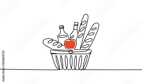 minimal line art basket with fresh bread loaves and baguettes, healthy bakery food concept illustration isolated on white