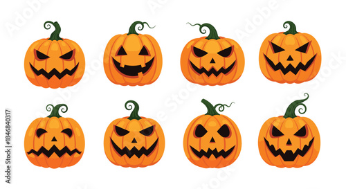 Spooky collection of eight Halloween jack-o-lanterns with various scary and funny carved faces isolated on a white background vector set.