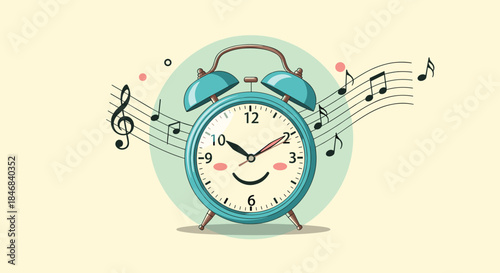 Cute cartoon alarm clock with a smiling face ringing in the morning with musical notes to represent a cheerful wake-up call.