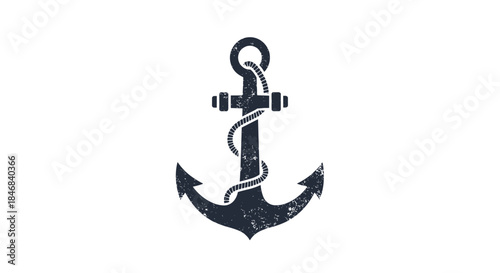 Vintage black anchor with a rope wrapped around it in a grunge texture style representing nautical and marine themes for a logo.