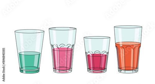 Set of four different drinking glasses half-full with colorful beverages illustrated in a clean line art style.
