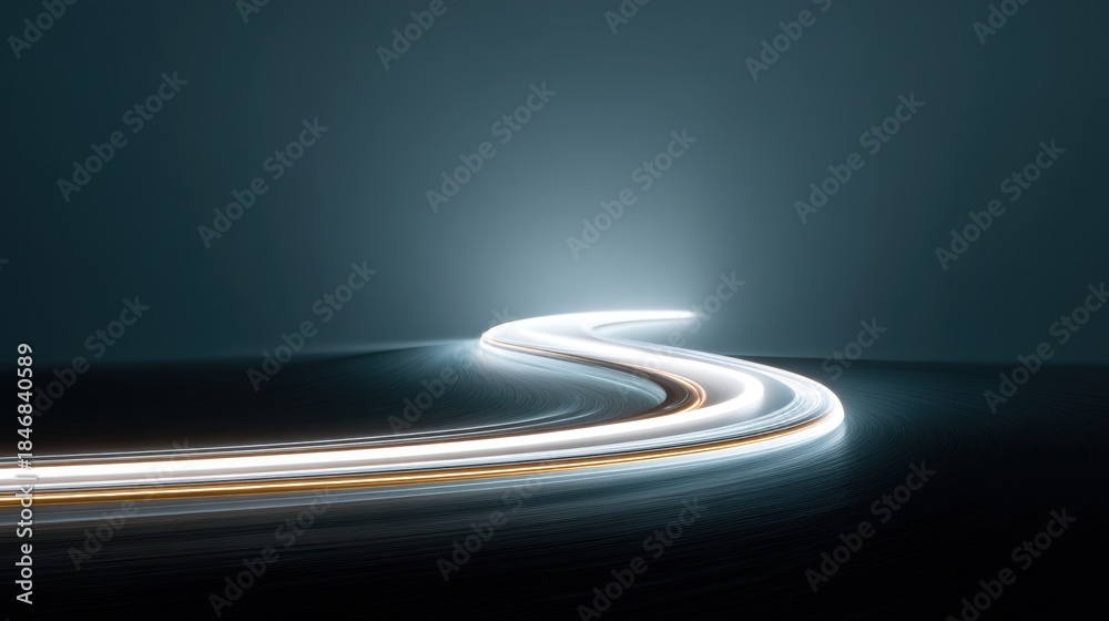 Obraz premium Serene Night Road with Beautiful Light Trails Curving through a Soft Fog Creating a Mysterious and Dreamlike Atmosphere