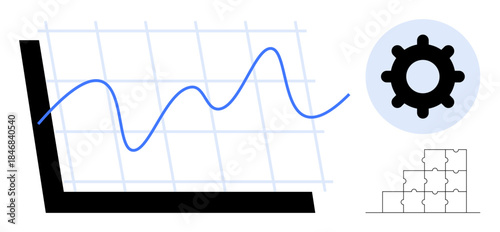 Data analysis visual. Data trends with a graph, gear icon efficiency, and puzzle pieces for problem-solving. Data analysis supports business, technology, decision-making, analytics, and strategy