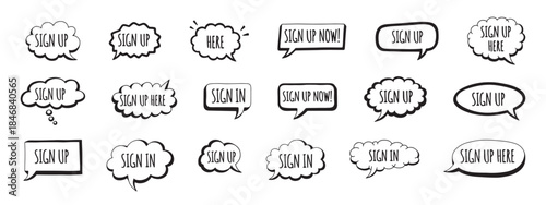 Collection of comic-style speech bubbles containing "Sign Up" text, designed as hand-drawn call-to-action elements