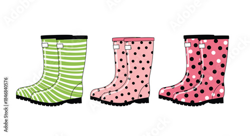 Set of three pairs of cute rubber rain boots with colorful striped and polka dot patterns for rainy weather.