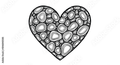 Intricate black and white zentangle-style heart filled with a pattern of smooth pebble-like shapes and lines.