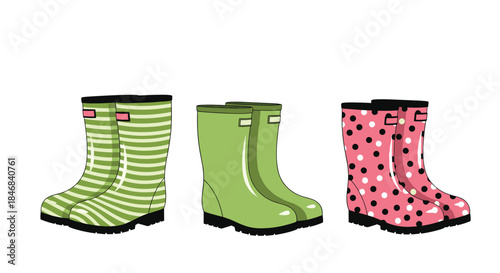 Set of three pairs of colorful rubber rain boots with striped and polka dot patterns for rainy day fashion.