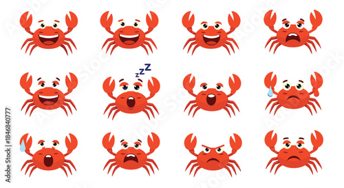 Set of twelve cute red crab character emoticons showing a wide range of emotions from happy to sad and angry.