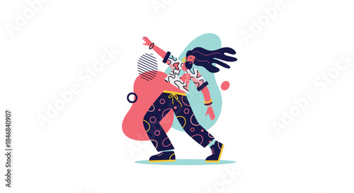 Stylish and energetic person with long hair and beard dancing joyfully in trendy clothes against a background of colorful abstract shapes.