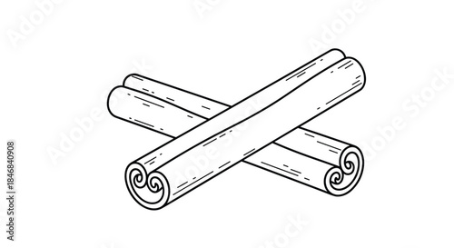 Hand-drawn doodle illustration of two crossed cinnamon sticks in a simple black and white outline style perfect for culinary designs.