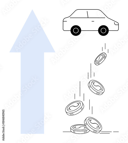 Transportation expenses, financial planning, car costs, inflation, budgeting, economic growth. A car with coins falling and an upward arrow. Transportation expenses and financial planning concept