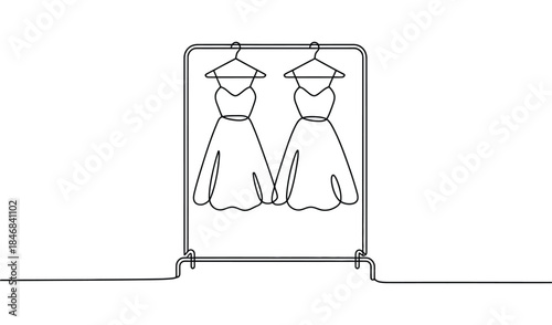 minimal line art illustration of clothing rack with hanging dresses, modern fashion wardrobe concept, simple outline style on white background
