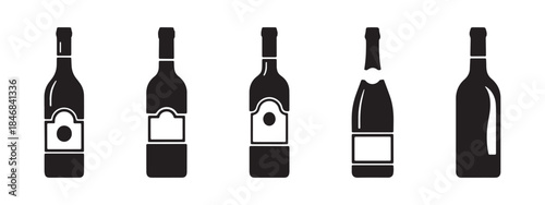 A collection of wine bottle icons in black silhouette, featuring various label designs and bottle shapes