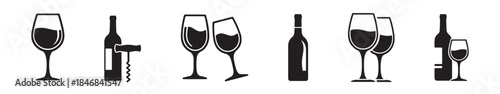 A set of wine bottle and wine glass icons in black silhouette, including a corkscrew and a toasting scene