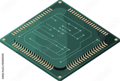 Isometric microchip processor with pins, integrated circuit technology illustration on white background