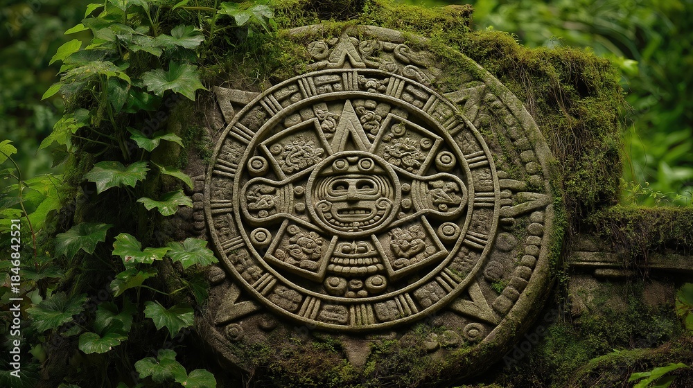 Fototapeta premium Moss Covered Aztec Calendar Stone in Jungle