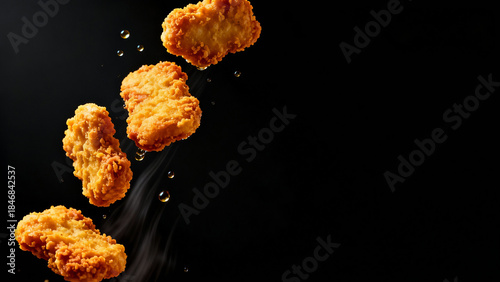 Levitating Crispy Golden Chicken Nuggets with Oil Drops on Black Background