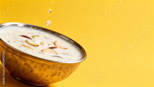 Creamy Indian Rice Kheer Pudding with Almonds in Brass Bowl