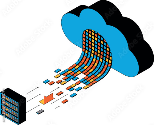 Isometric Cloud Data Stream and Server Rack Connection Vector