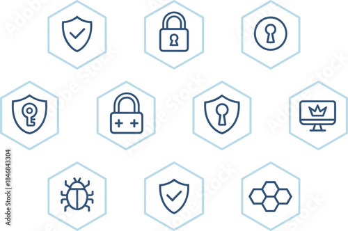 Cyber security icons set, data protection and privacy symbols, network safety locks, malware defense, minimal line vector illustration design collection