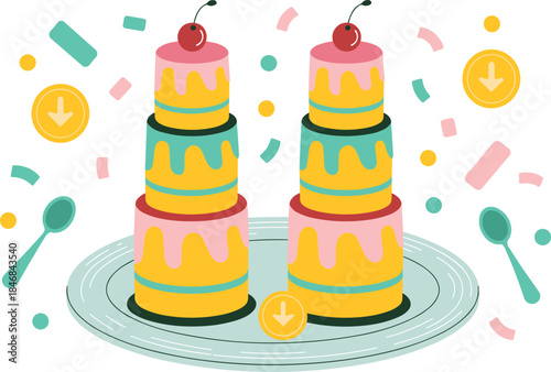 Mid Autumn Festival illustration, mooncakes and teapot with lanterns, Chinese traditional holiday food, modern flat vector design