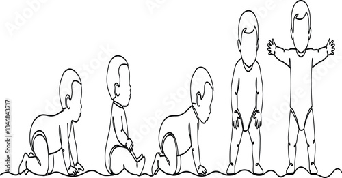 Baby development stages line art illustration showing infant growth milestones from crawling sitting standing to walking for education and parenting concepts