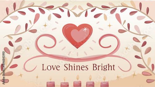 Vintage watercolor valentine heart shines bright on cream paper background with leaves