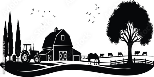Rural farm landscape silhouette with barn tractor cows trees and fields representing agriculture countryside life and nature illustration design