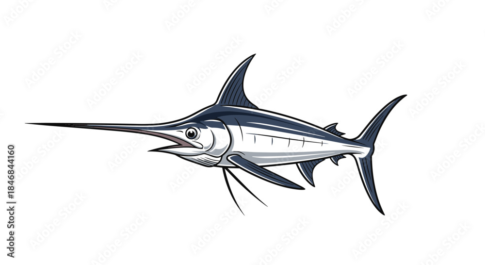 Fototapeta premium Dynamic cartoon illustration of a blue marlin fish, a large saltwater species known for its long bill and prominent dorsal fin.