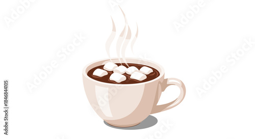 Cozy cartoon illustration of a steaming cup of hot chocolate topped with fluffy white marshmallows, perfect for a cold winter day.