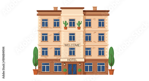 Cartoon illustration of a multi-story city hotel building with many windows, a welcoming entrance, and decorative potted plants.