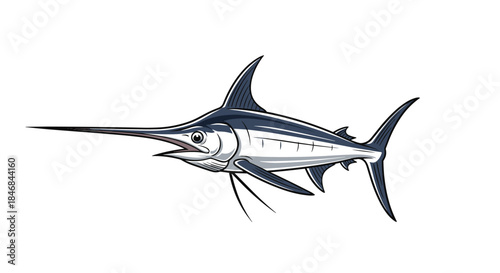 Dynamic cartoon illustration of a blue marlin fish, a large saltwater species known for its long bill and prominent dorsal fin.