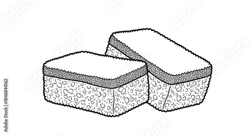 Black and white line art drawing of two porous cleaning sponges with a scrubbing layer on top, used for washing dishes or surfaces.