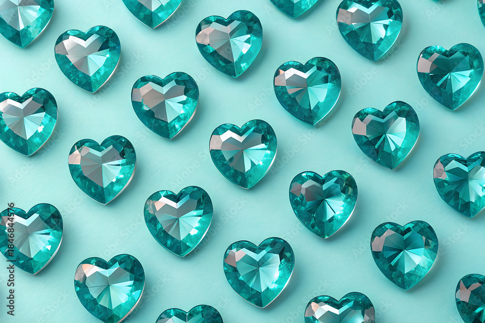 Fototapeta premium Teal Turquoise Heart-Shaped Gemstones Grid on Aqua Background - Refreshing Romantic Crystal Valentine's Wallpaper