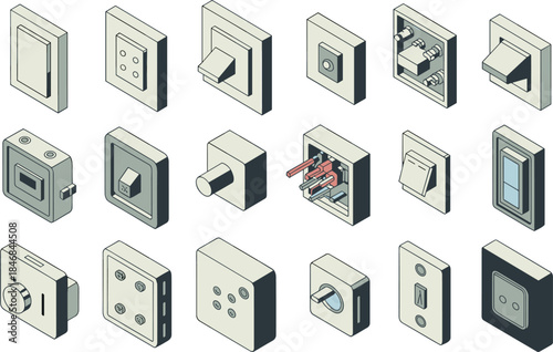 Electrical switches and wall sockets icons set, isometric power outlets, smart home controls, technical hardware vector illustration