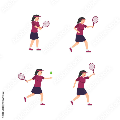 set illustration of women playing tennis. Active sportive pose with racket. Ideal for modern sports