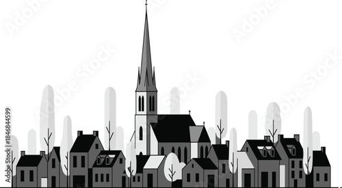 Minimalist village skyline illustration with church steeple houses and trees in monochrome style for architecture design backgrounds and editorial use