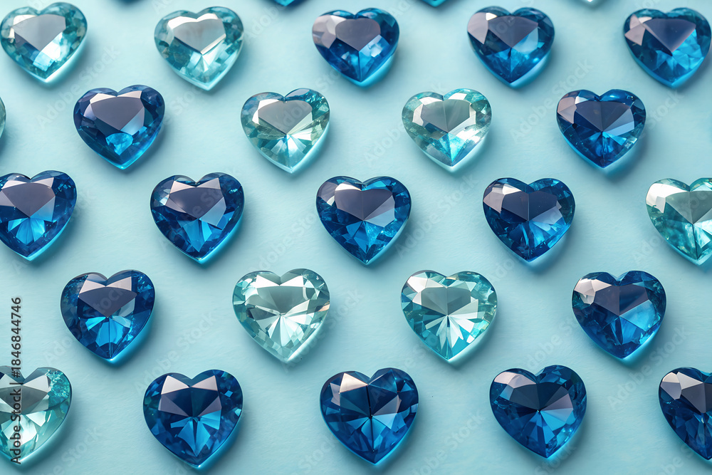 Fototapeta premium Blue Heart-Shaped Sapphire Gemstones Grid on Light Blue Background - Serene Romantic Crystal Wallpaper