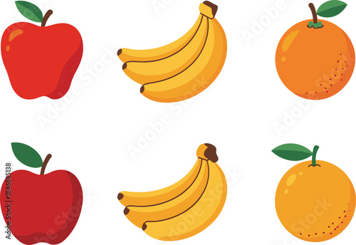 Flat fruit icons set with apple, banana, and orange isolated on white