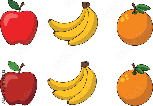 Flat fruit icons set with apple, banana, and orange isolated on white