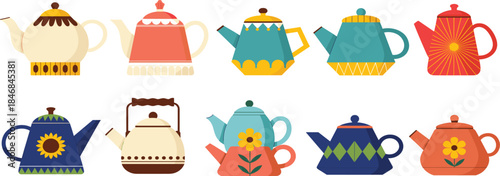 Charming vector set of ten colorful teapots and stovetop kettles in a modern flat design style, featuring folk art patterns, geometric shapes, and floral decorations for kitchen graphics.