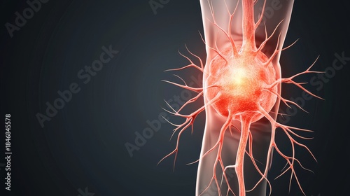 Sciatica concept. Visual representation of a neuron with glowing connections, set against a dark background, conveying themes of biology and neuroscience.