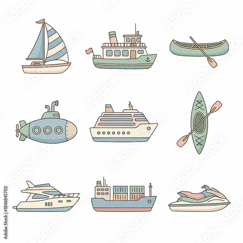 Water Travel and Sea Vehicles Cartoon Icons Collection