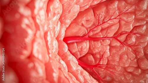 Sciatica concept. Close-up of textured, organic surface with intricate patterns and vibrant red tones.