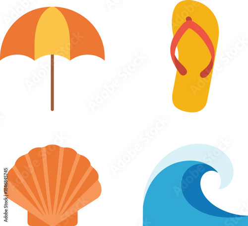 Flat summer beach icons set with umbrella, flip flops, shell, and wave